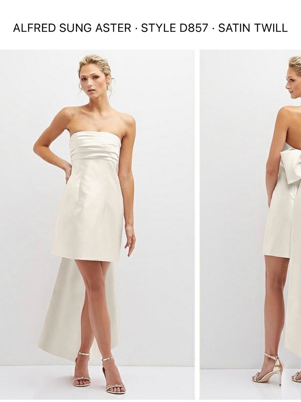 ALFRED SUNG Ivory Satin Strapless High-Low Mini Dress